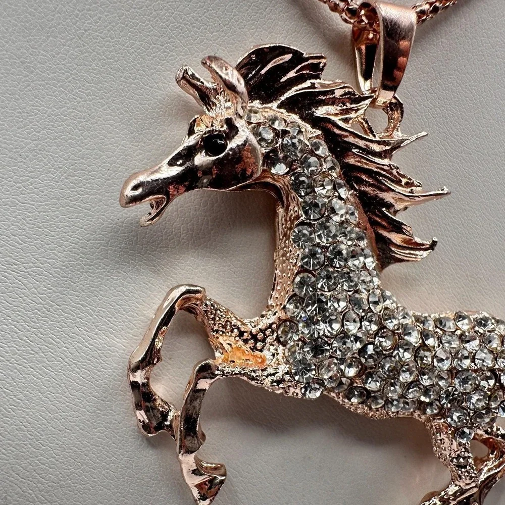 Vintage 90s Betsey Johnson Unicorn Necklace Rose Gold Tone Glass Pendant Jewelry